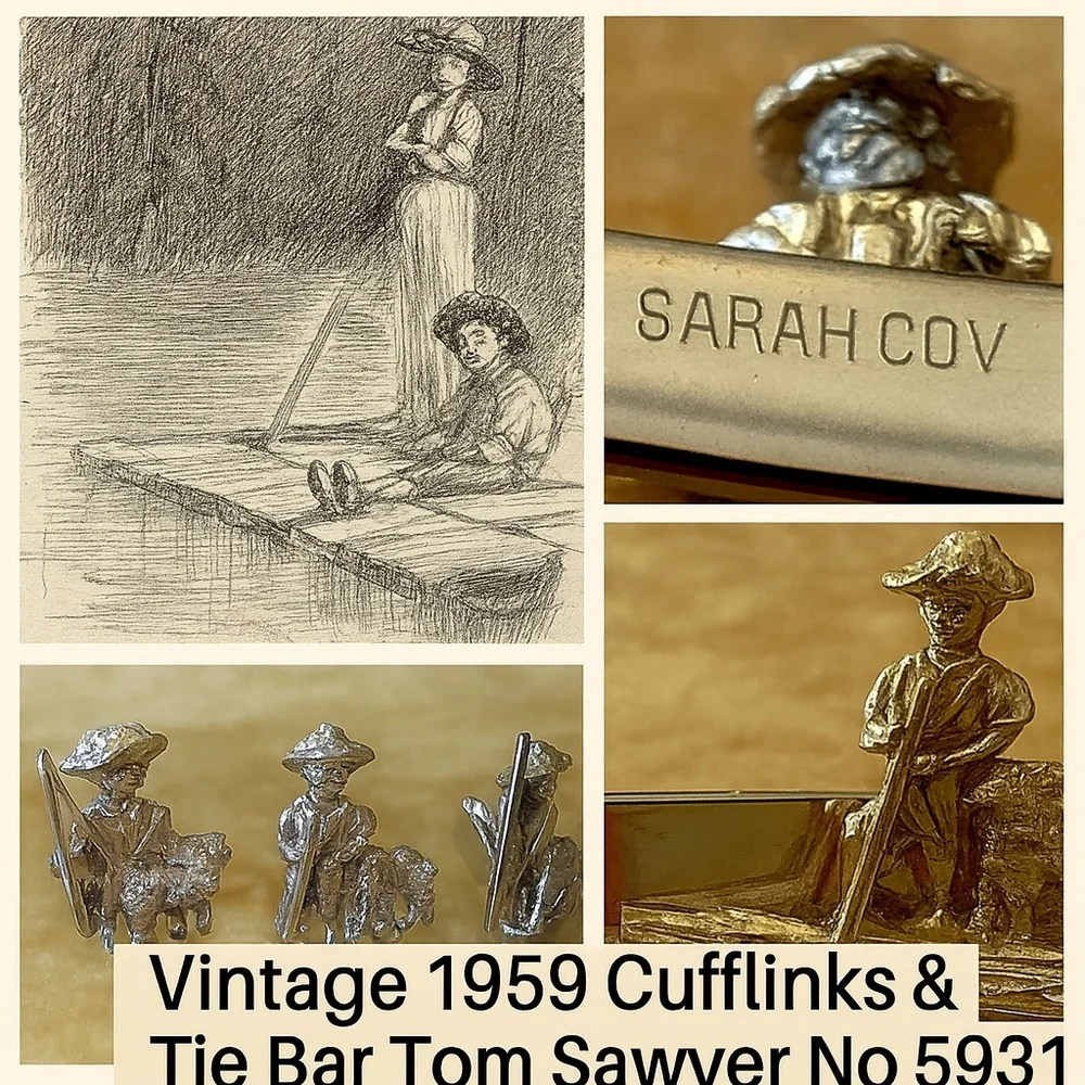 Vintage 1959 Cufflinks & Tie Bar Tom Sawyer No 5931 signed  Sarah Coventry